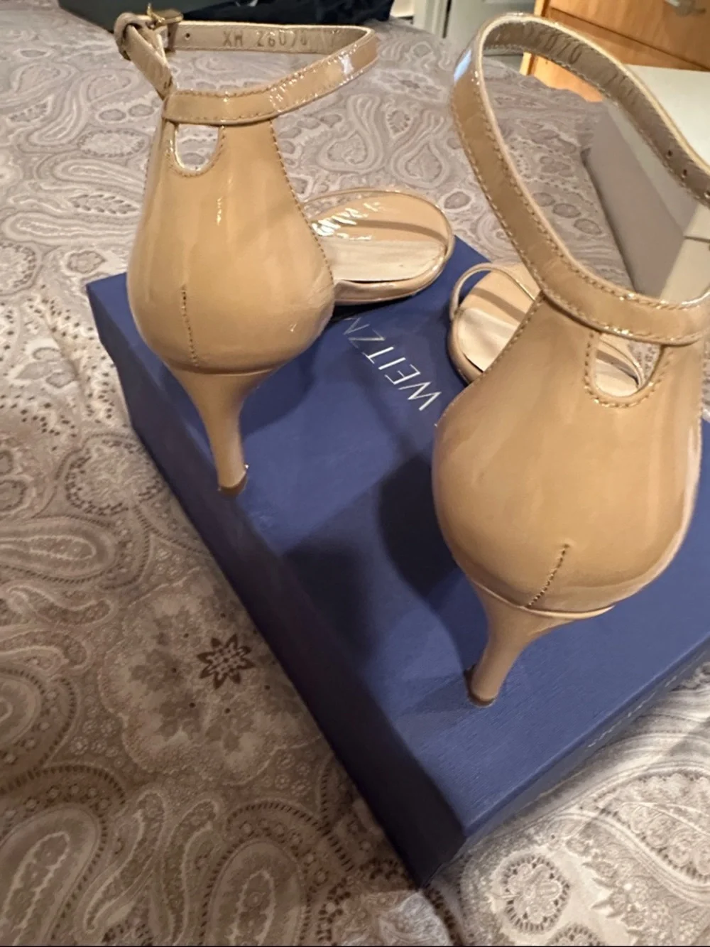 Stuart Weitzman Nude Tan Ankle Strap Patent Leather Heels